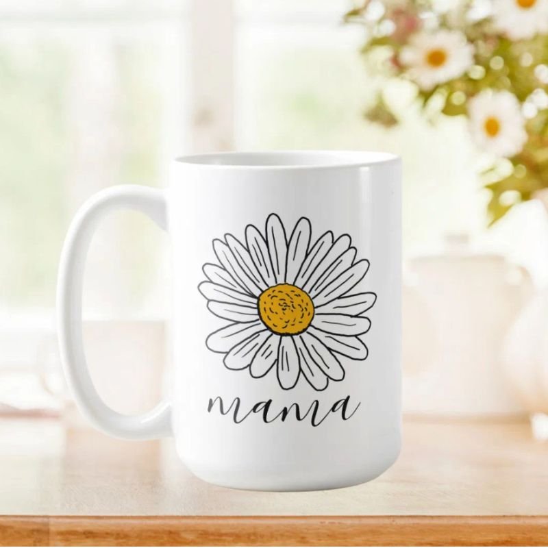 Monogrammed White Daisy Floral Doodle Mama Coffee Mug