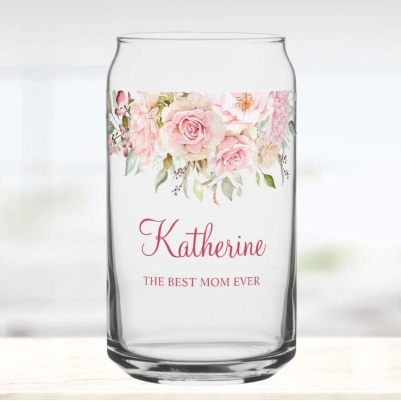 Pastel Pink Rose Flower Floral The Best Mom Ever Can Glass