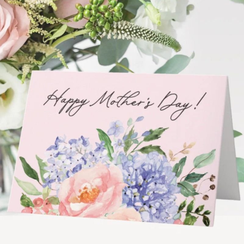 Watercolor Blue Pink Floral Happy Mother Day Card