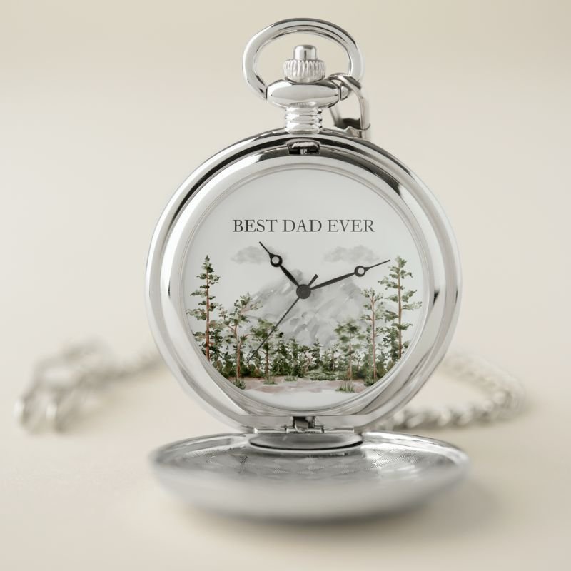 Personalized Watercolor Mountain and Forest Pocket Watch