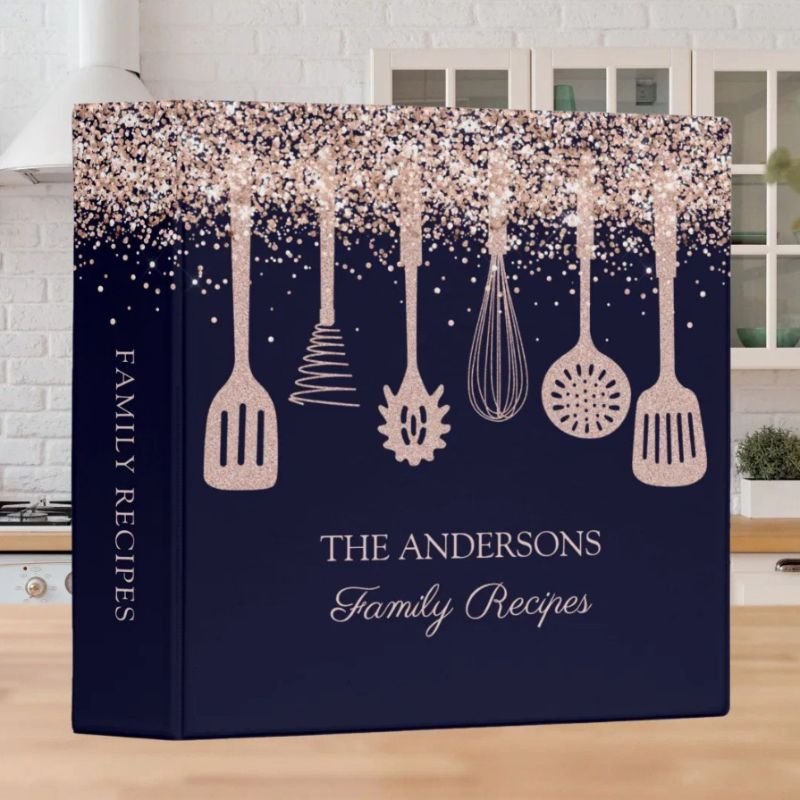 Recipe Cookbook Rose Gold Glitter Kitchen Utensils 3 Ring Binder