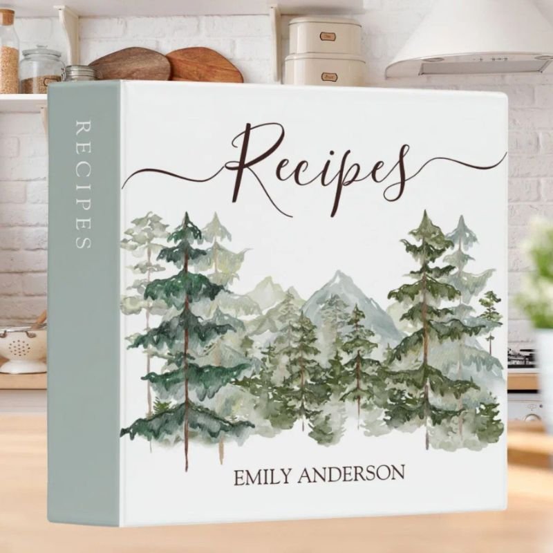 Elegant Watercolor Pine Forest and mountain Recipe 3 Ring Binder