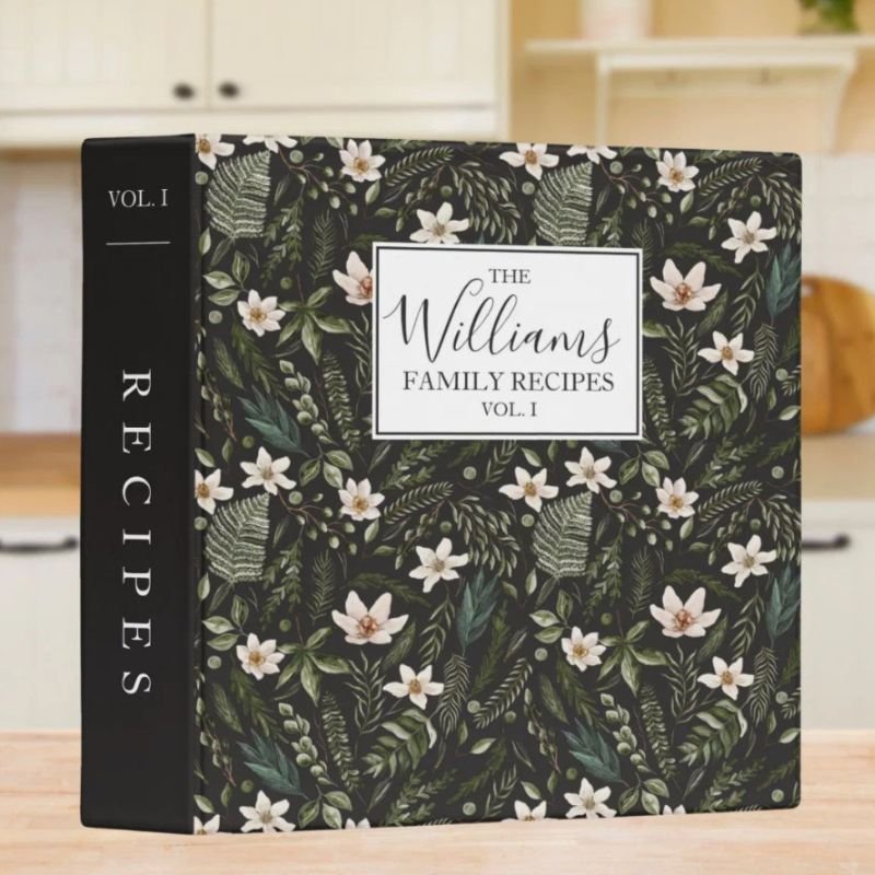 Watercolor Flower Leaves Floral Pattern Recipe 3 Ring Binder