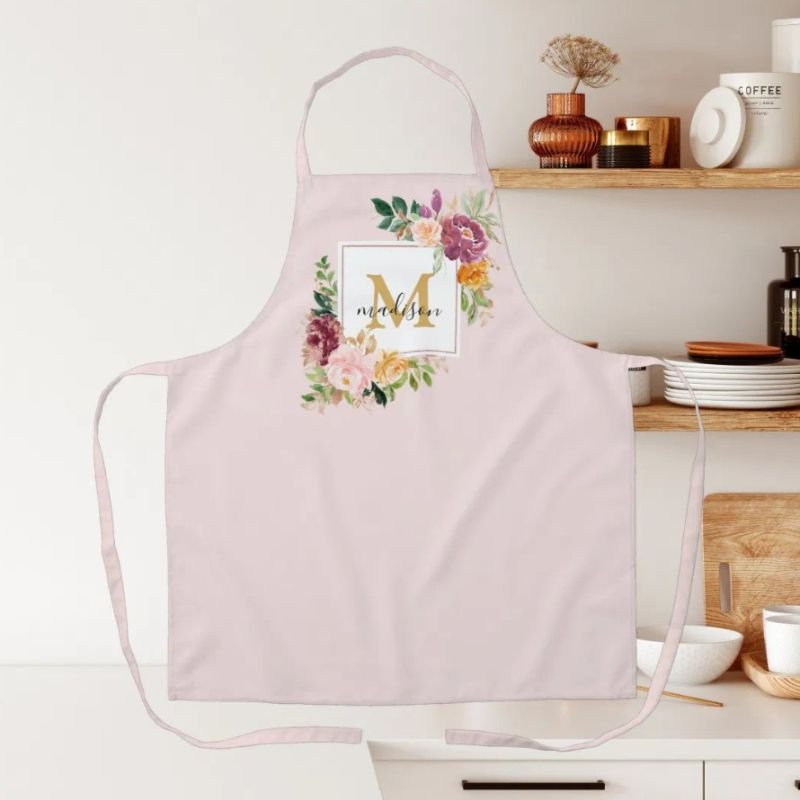 Monogram Watercolor Colorful Roses Flower Floral Apron