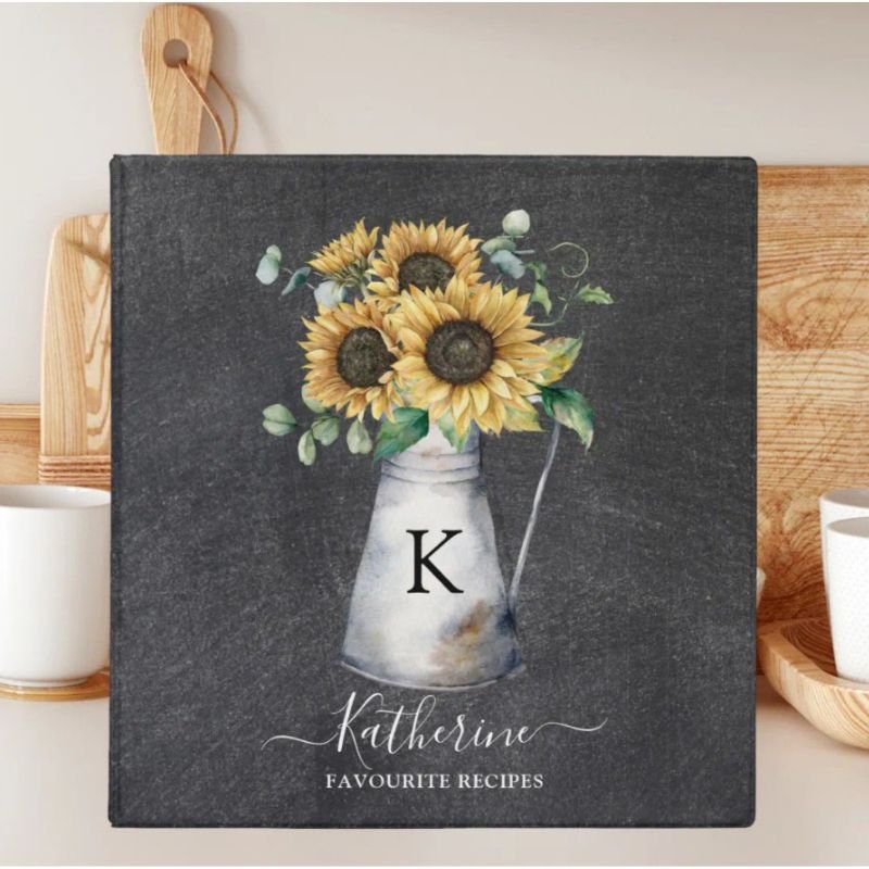 Rustic Monogram Sunflower Black Recipe Cookbook 3 Ring Binder