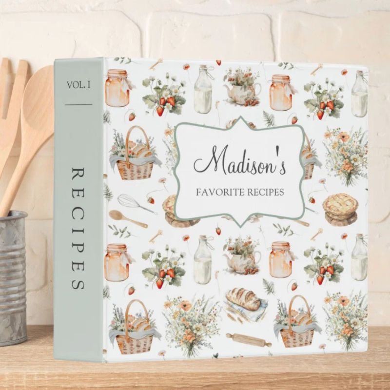 Whimsical Floral Strawberry Recipe Cookbook 3 Ring Binder