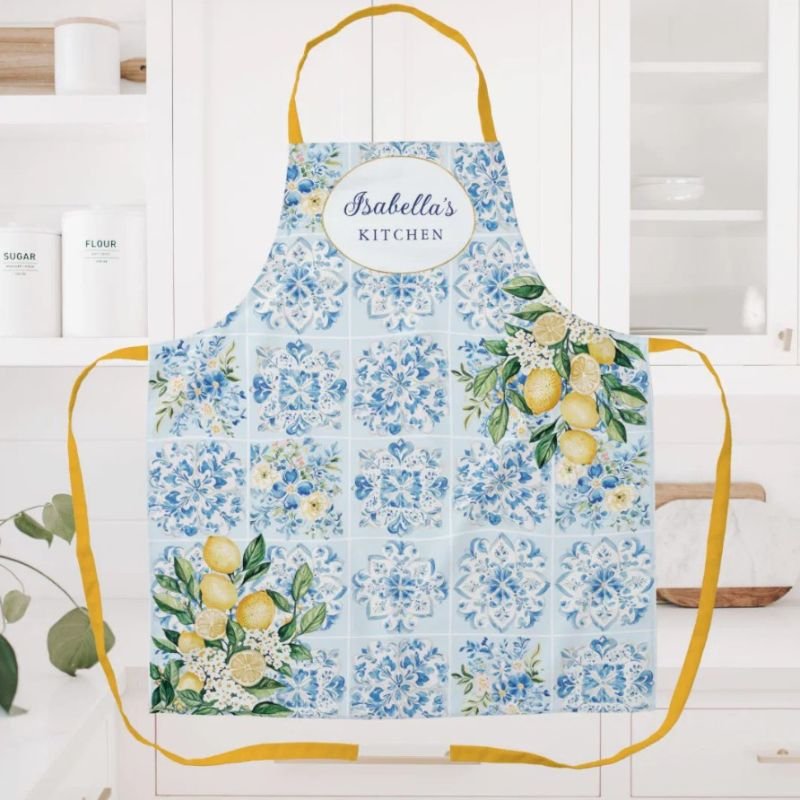 Personalized Watercolor Blue Italian Tile Lemon Apron