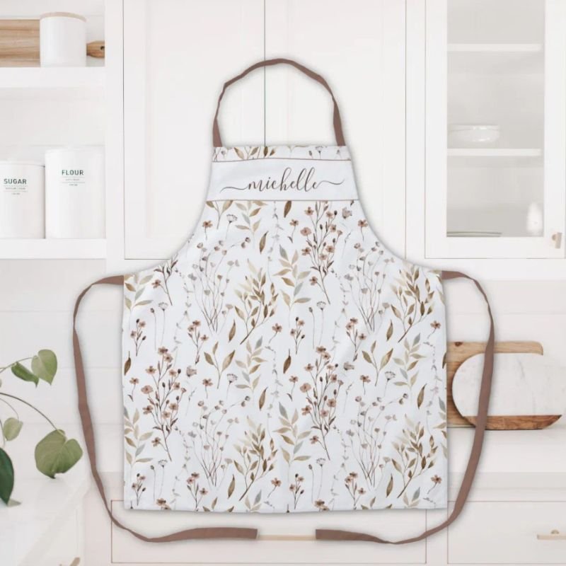Monogrammed Watercolor Brown Wildflowers Leaves Apron