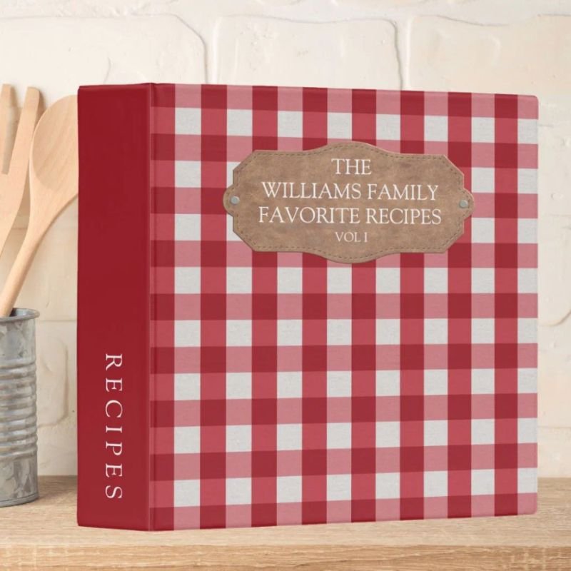 Rustic Red Gingham Linen Farmhouse Family Recipe 3 Ring Binder