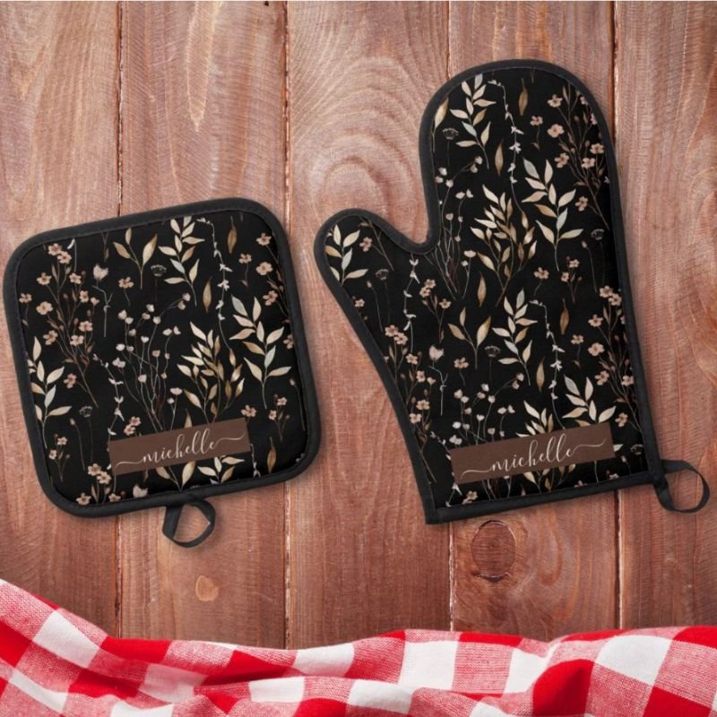 Monogram Elegant Watercolor Brown Floral Oven Mitt & Pot Holder Set