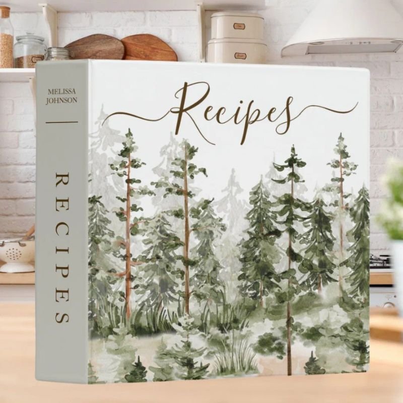 Watercolor Green Forest Cookbook Recipe 3 Ring Binder