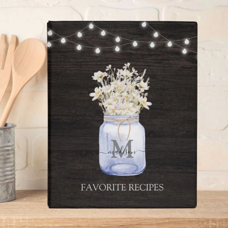 Monogrammed White Daisy Flower Black Wooden Recipe Mini Binder