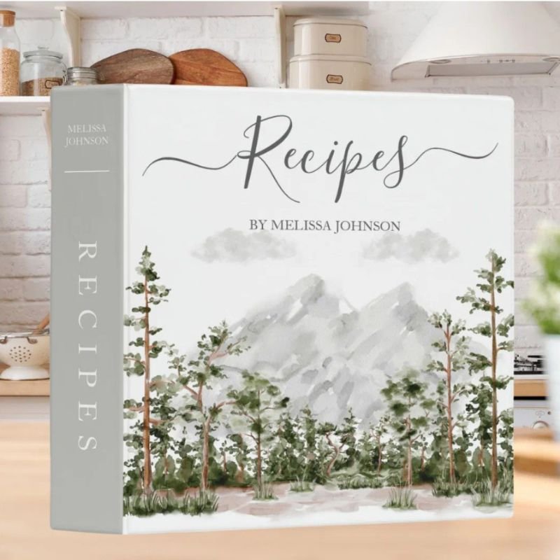 Watercolor Mountain and Forest Cookbook Recipe 3 Ring Binder