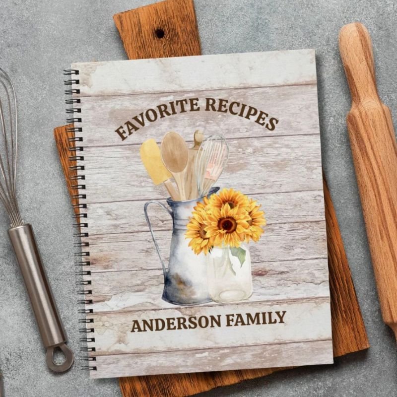 Rustic Kitchen Utensil Sunflower White Wood Recipe Notebook