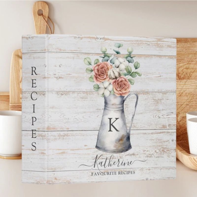 Rustic Monogram Rose Cotton Eucalyptus Wood Recipe 3 Ring Binder