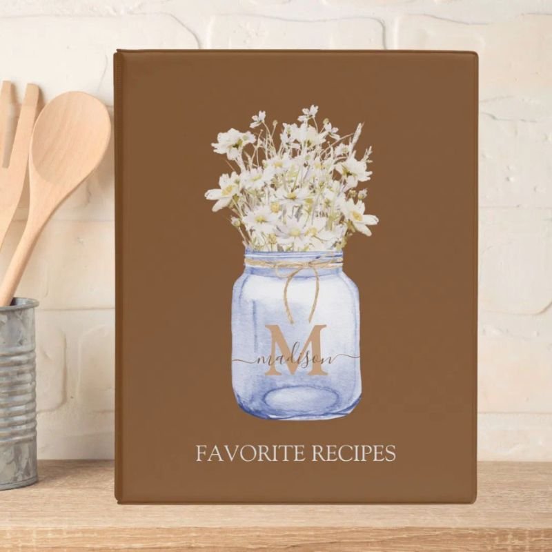 Monogrammed White Daisy Flower in Mason Jar Recipe Mini Binder