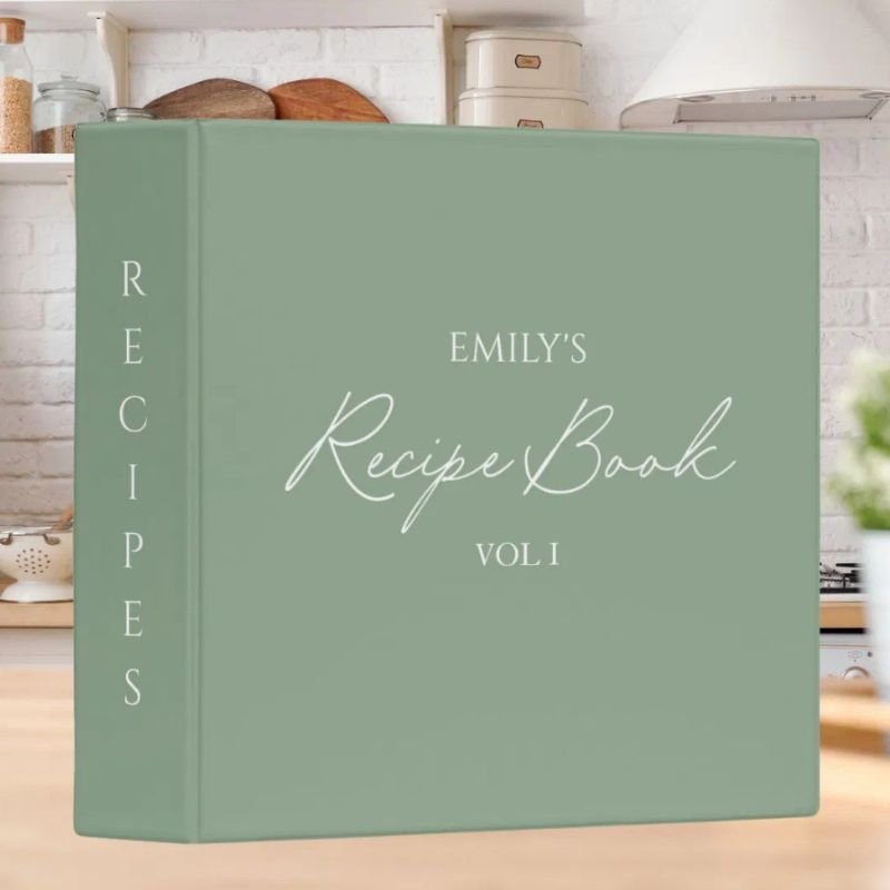 Elegant Modern Script Sage Green Simple Recipe 3 Ring Binder