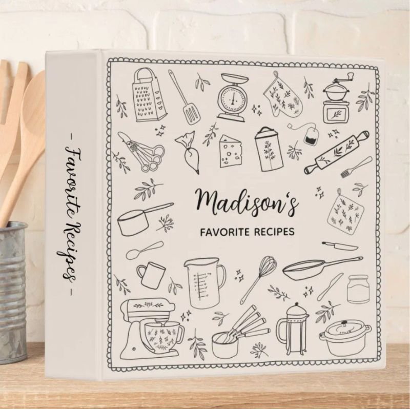 Personalized Hand Drawn Kitchen Utensils Recipe 3 Ring Binder