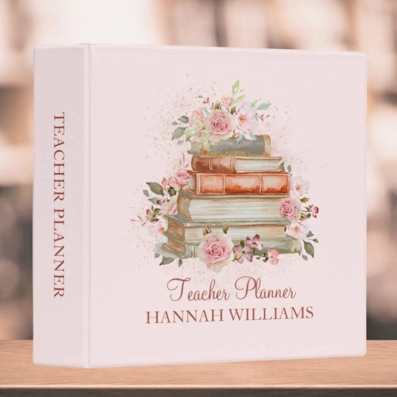 Teacher Planner Books and Vintage Pink Roses 3 Ring Binder