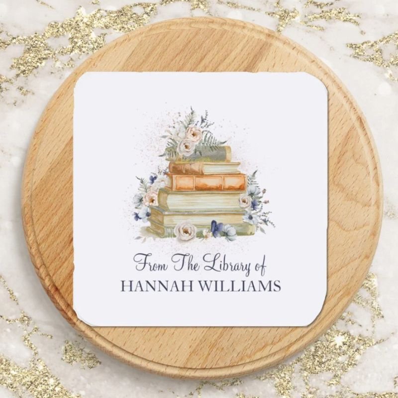 Books and Vintage Beige Blue Flowers Bookplate