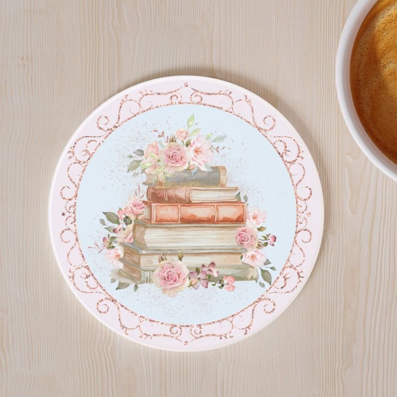 Watercolor Vintage Pink Roses and Books Floral Cut Coaster