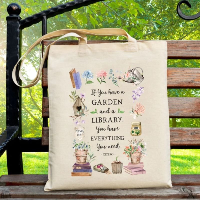 Gardening and Library Quote Floral Garden Tote Bag
