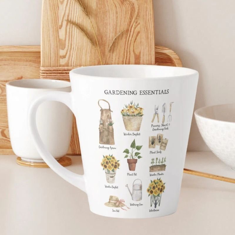 Watercolor Gardening Tools Sunflower Garden Latte Mug