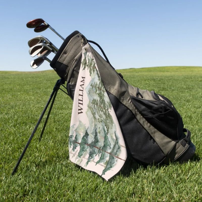 Monogram Watercolor Pine Forest & Mountain Rustic Golf Towel
