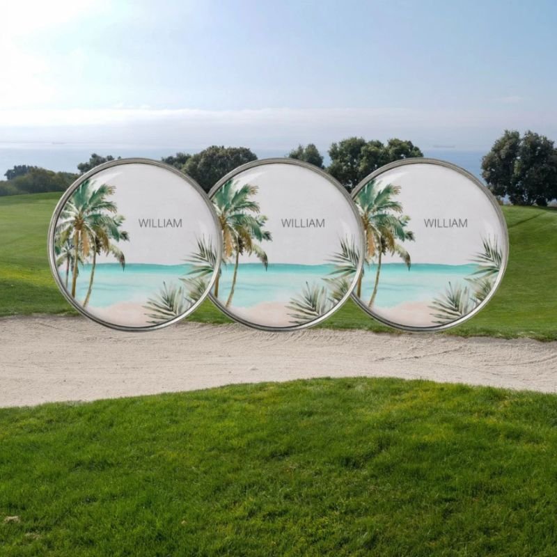 Monogrammed Tropical Palm Tree Leaves Blue Beach Golf Ball Marker