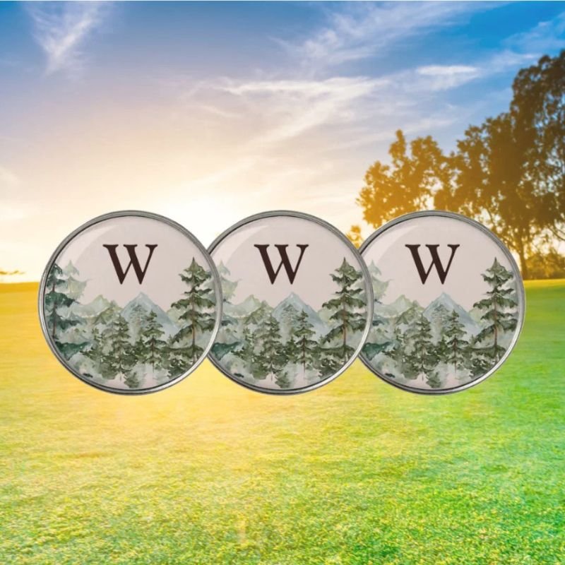 Monogram Watercolor Pine Forest & Mountain Rustic Golf Ball Marker