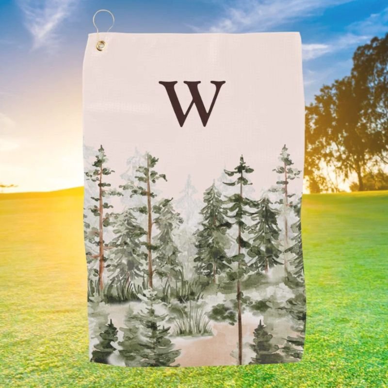 Monogram Watercolor Rustic Green Forest Golf Towel