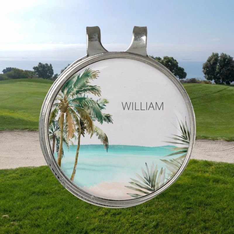 Monogrammed Tropical Palm Tree Leaves Blue Beach Golf Hat Clip