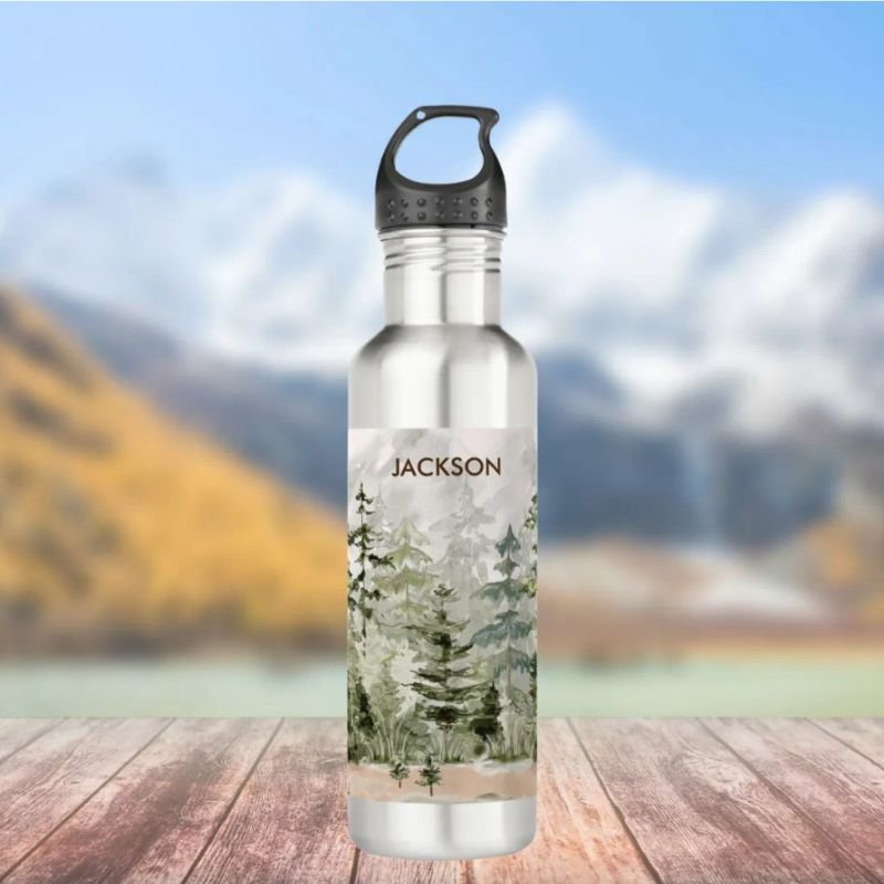 Watercolor Green Pine Forest on Mountain Stainless Steel Water Bottle