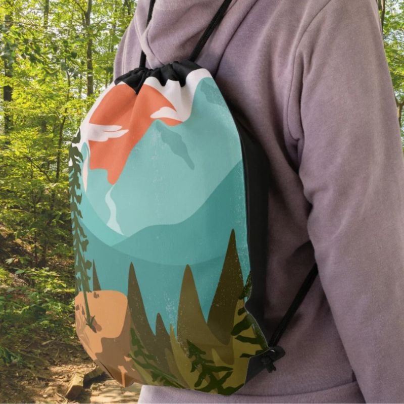 Modern Abstract Forest, Mountains, and Sunrise Drawstring Bag