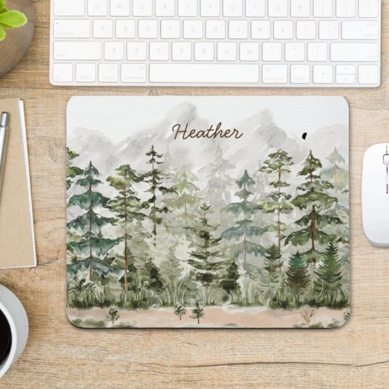 Watercolor Green Pine Forest on Mountain Mouse Pad