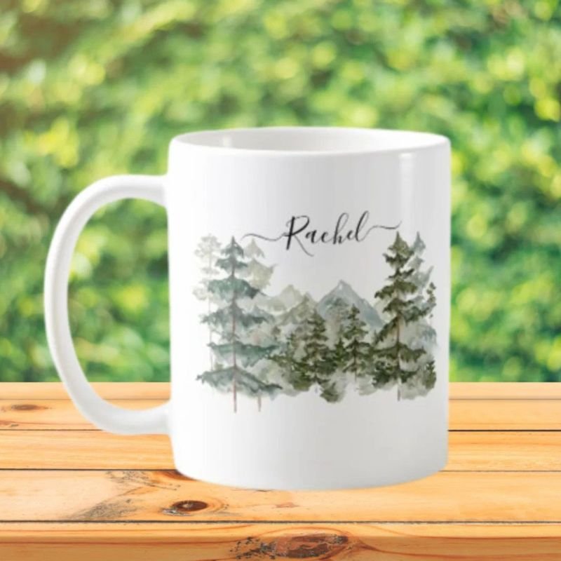 Watercolor Pine Forest and mountain Aesthetic Coffee Mug