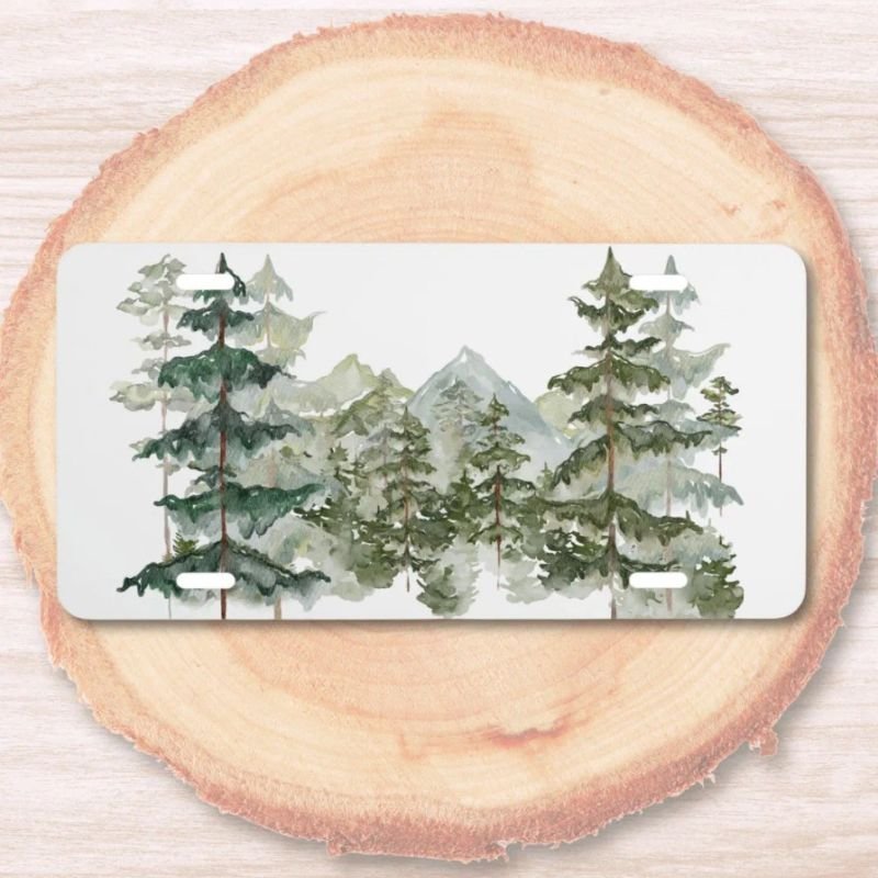 Watercolor Pine Forest and mountain Outdoor License Plate