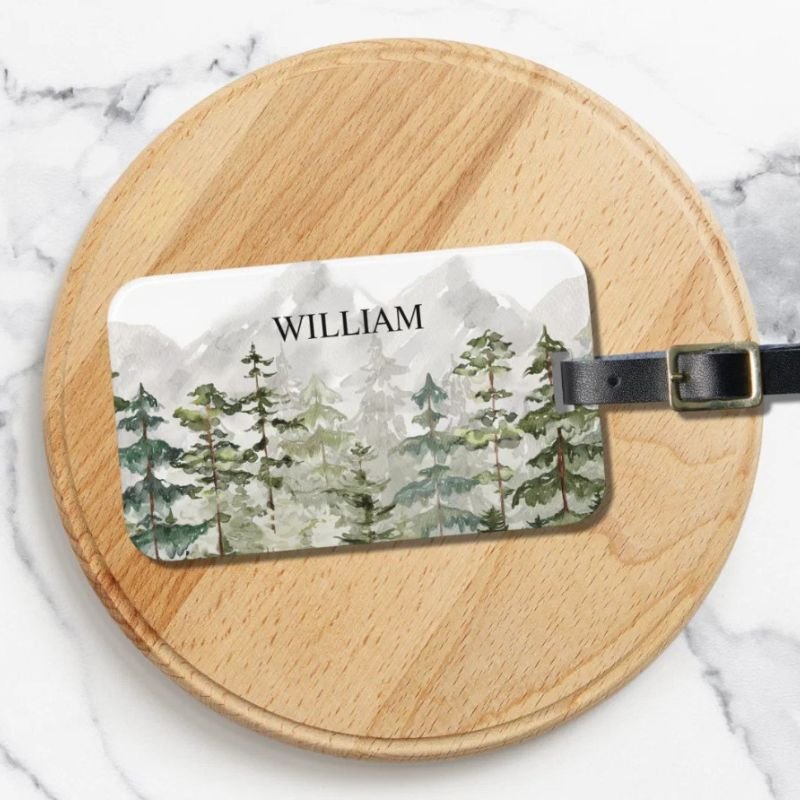 Personalized Watercolor Green Pine Forest Mountain Luggage Tag