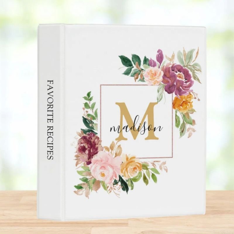 Monogram Colorful Watercolor Roses Floral Recipe Mini Binder