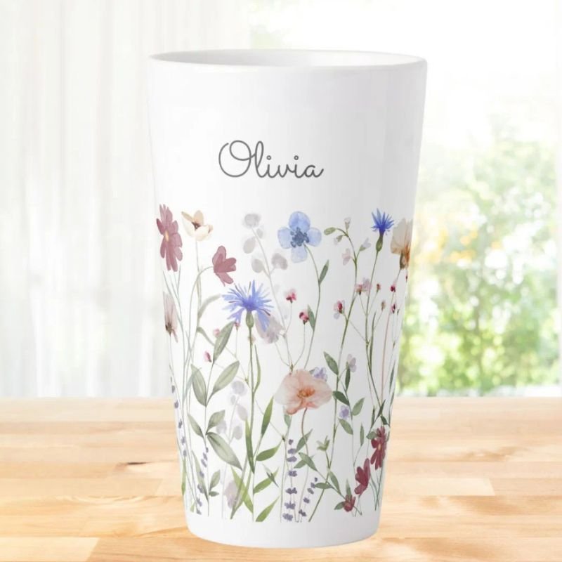 Personalized Watercolor Colorful Wildflower Meadow Latte Mug