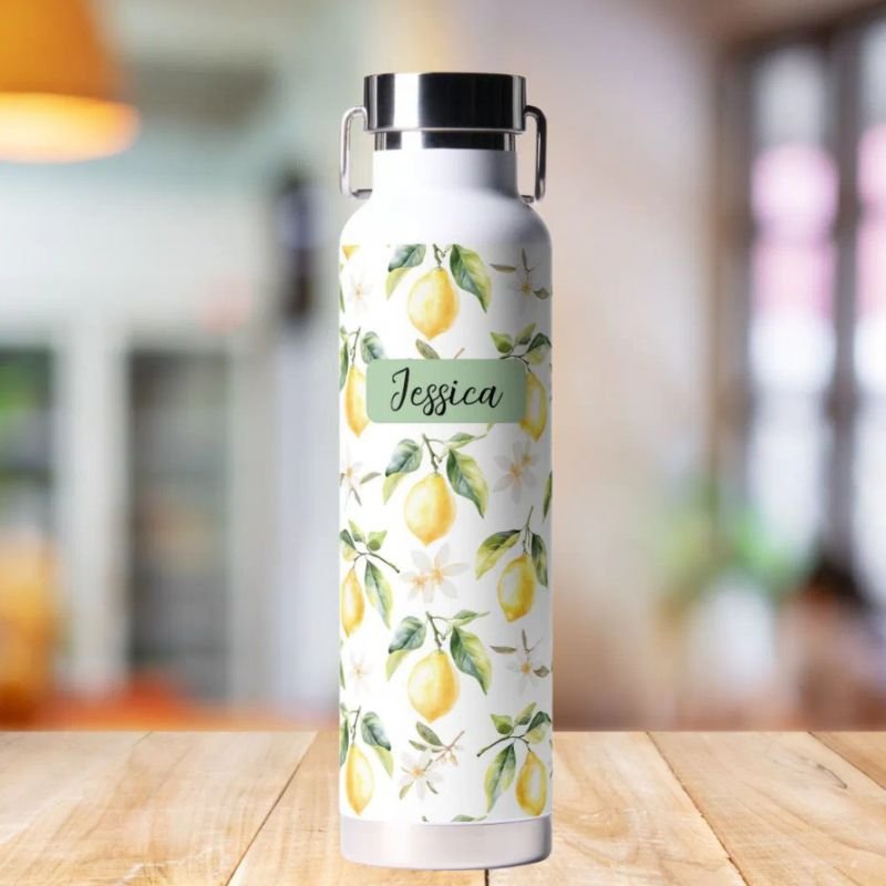 Monogram Citrus Lemon Fruit Botanical Pattern Water Bottle