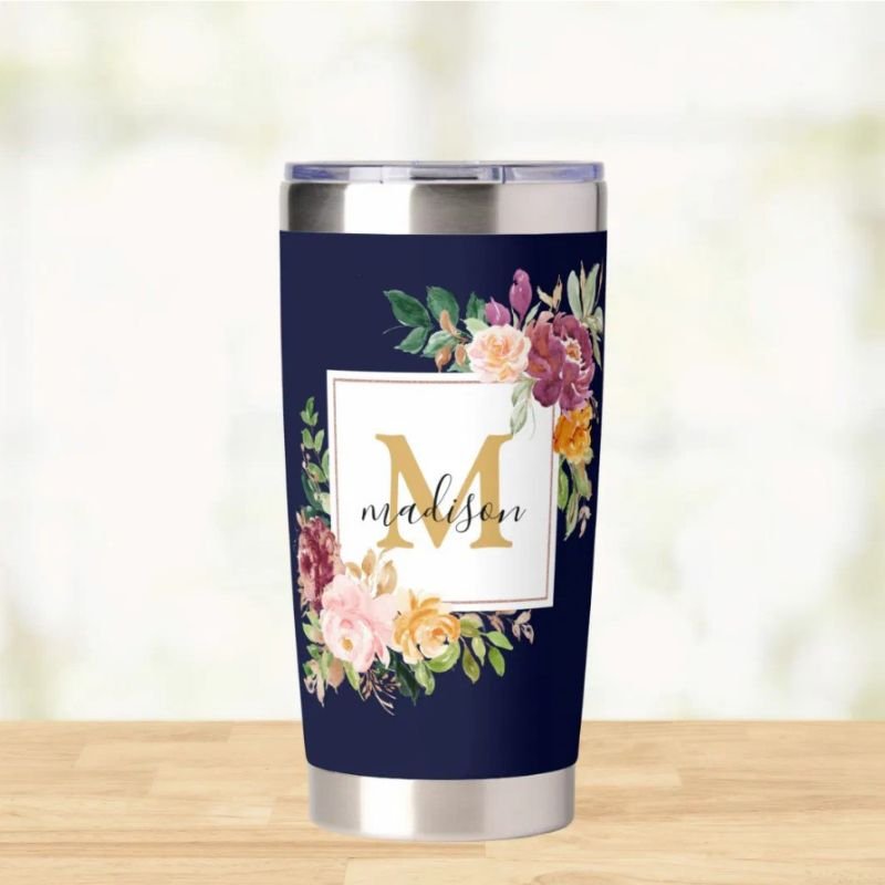 Monogram Watercolor Colorful Roses Flower Floral Insulated Tumbler