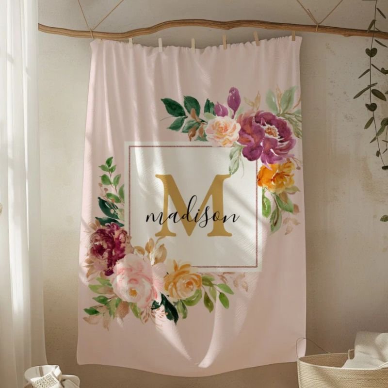 Monogram Elegant Watercolor Rose Floral Botanical Fleece Blanket