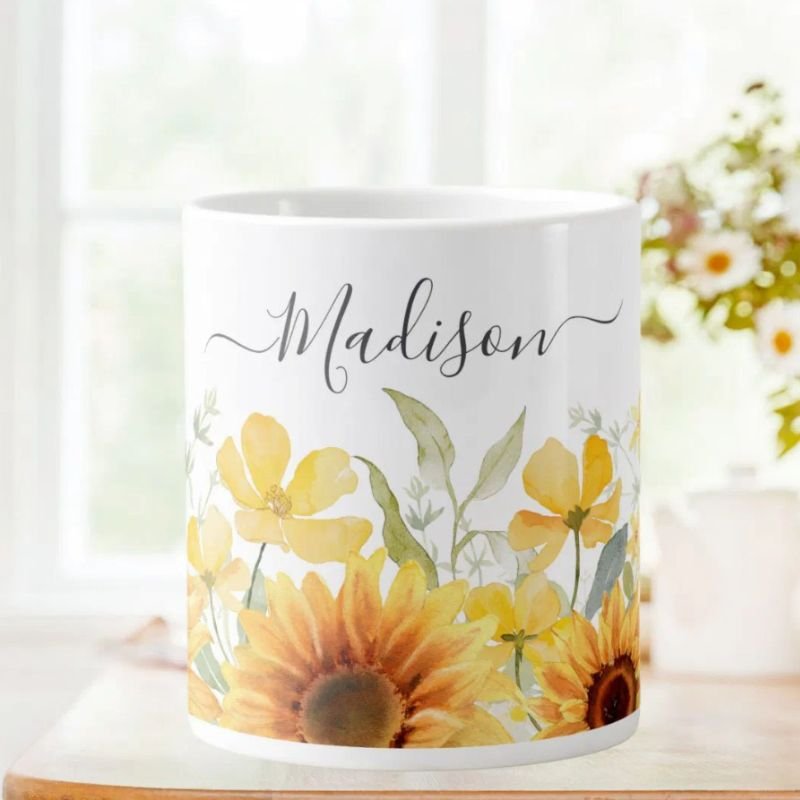 Monogram Yellow Flower Sunflower Floral Botanical Giant Coffee Mug