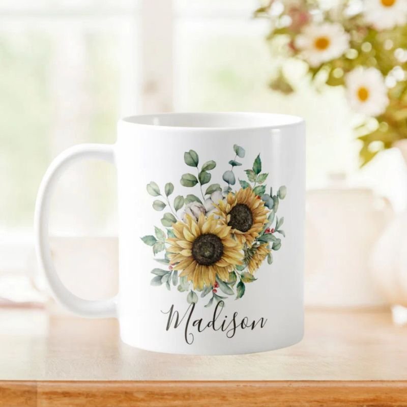 Monogrammed Watercolor Vintage Rustic Sunflower Coffee Mug