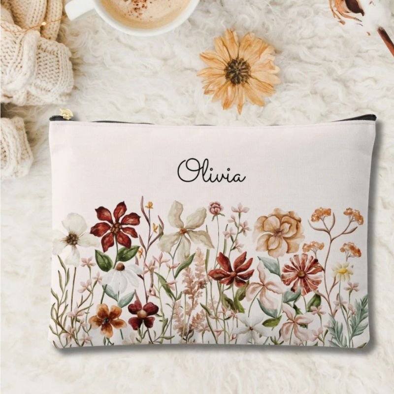 Personalized Watercolor Vintage Wildflower Floral Accessory Pouch