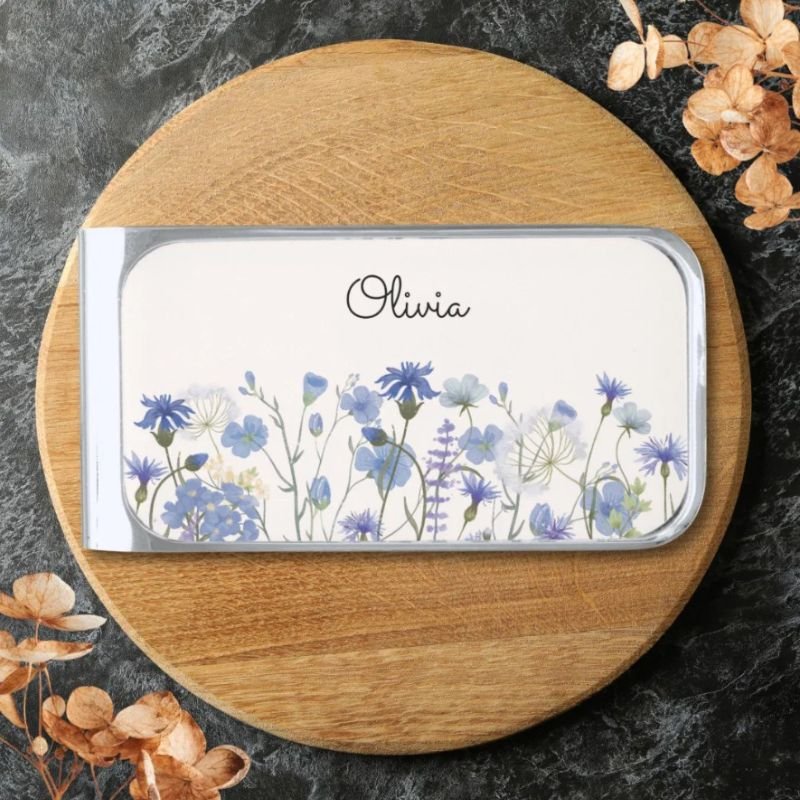 Personalized Name Watercolor Blue Wildflower Silver Finish Money Clip