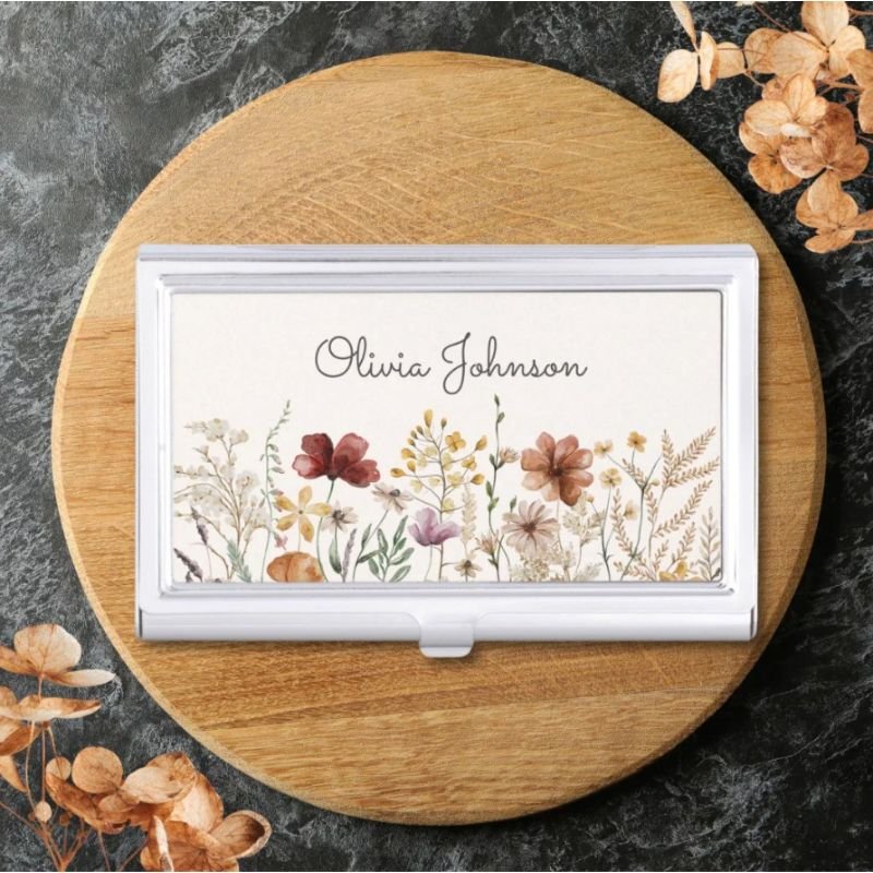 Monogrammed Watercolor Wildflower Pretty Floral Business Card Case