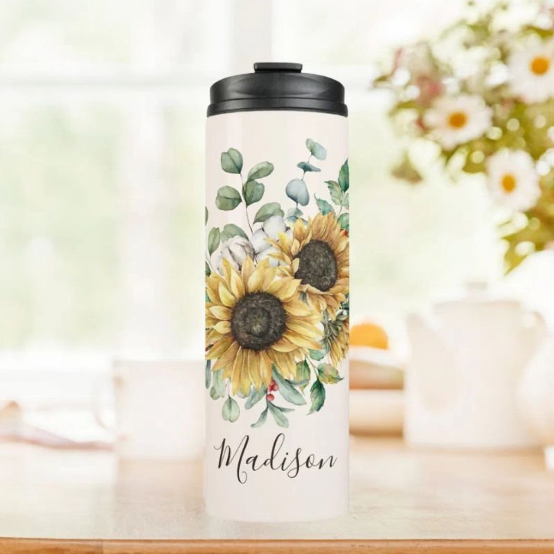 Monogrammed Watercolor Vintage Rustic Sunflower Thermal Tumbler
