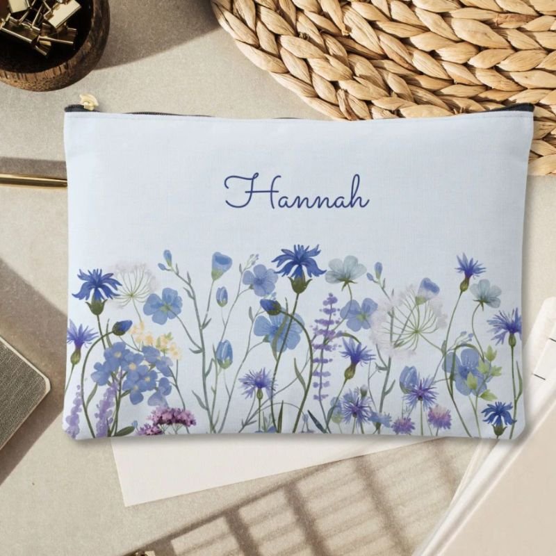 Monogram Blue Watercolor Wildflower Floral Accessory Pouch